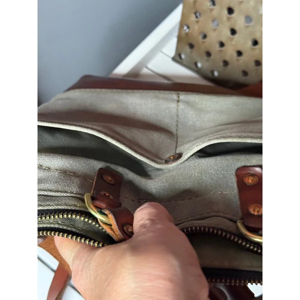 NORTH END Bag Co Gray Canvas Brown Leather Large Crossbody Shoulder Bag Vtg Boho